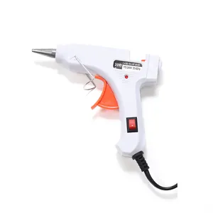 Close-up of a 20W hot melt glue gun with a metal nozzle and orange trigger on white background