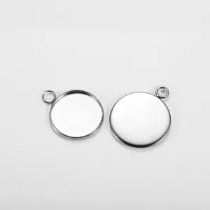 Polished stainless steel round pendant base tray with jump ring for DIY jewelry making