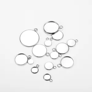 Polished stainless steel round pendant tray blanks with top bail for DIY jewelry making