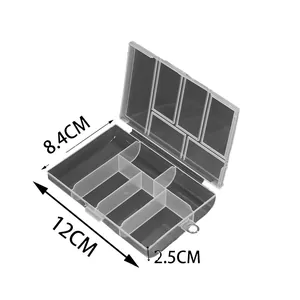 Clear 6-compartment PP plastic jewelry storage box with lid, measuring 12x8.4x2.5cm