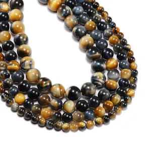 Natural Yellow Blue Tiger Eye Round Beads Polished Loose Stone Beads For DIY Jewelry Making Bracelet Necklace Accessories