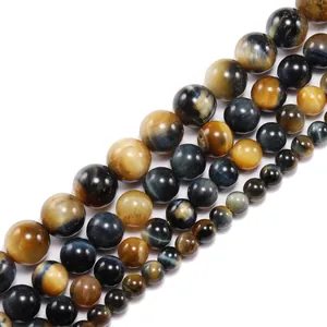 Polished natural yellow and blue tiger eye round beads for DIY jewelry making
