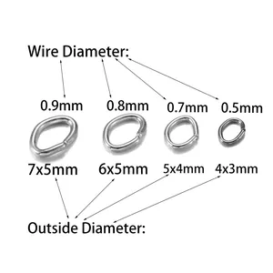 Size comparison chart for stainless steel oval jump rings with various wire diameters