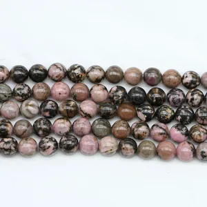Natural Rhodonite round beads with pink and black mottled texture for jewelry making
