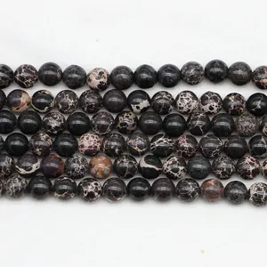 Natural black imperial stone round beads with mesh texture for DIY jewelry making