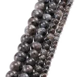 Polished natural labradorite gemstone beads in four different sizes on a white background