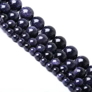 Perles rondes en grès bleu foncé avec effet scintillant pour la création de bijoux