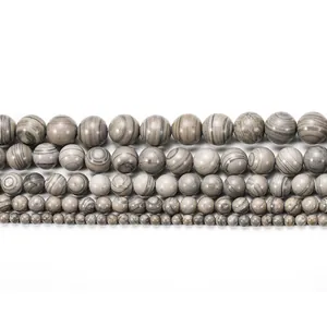 Perles rondes en jaspe grain de bois gris en cinq tailles pour bijoux DIY