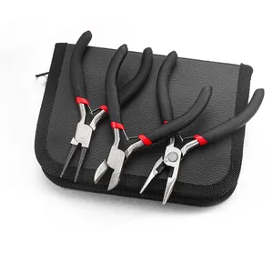 Three-piece jewelry tool set with carbon steel pliers and a black leather zipper case