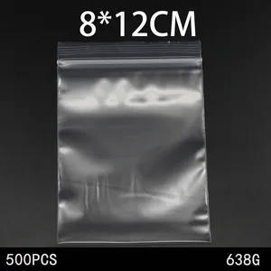 Details von 500 Stück 8x12cm transparenten PE-Druckverschlussbeuteln, Gesamtgewicht 638g