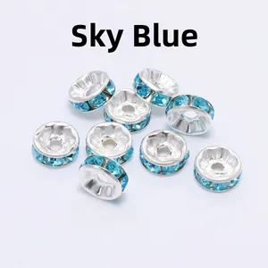 Macro shot of sky blue crystal rhinestone spacer beads for DIY jewelry making