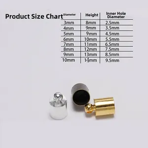 Size chart for colorful copper end caps showing diameter and height for DIY jewelry making