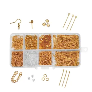 DIY jewelry making kit with gold ear hooks and findings in a clear plastic storage box