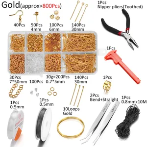 Detail of 800pcs jewelry making kit with pliers, tweezers, wires, and assorted gold findings