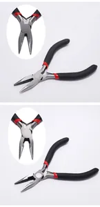 Detail of carbon steel DIY jewelry pliers with black non-slip handles and return spring