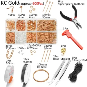 Comprehensive DIY jewelry making kit with KC gold findings and craft tools in a 8-grid box