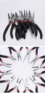 Vertical view of mini precision jewelry plier set with polished heads and non-slip handles