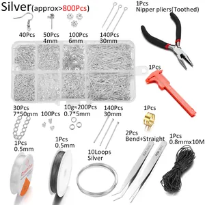 DIY jewelry making kit with various silver metal findings and essential craft tools