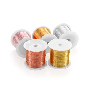 DIY jewelry making copper wire set in five assorted metallic colors on white spools