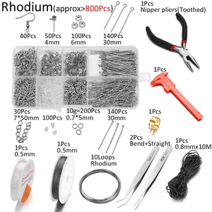Comprehensive DIY jewelry making kit with 800+ rhodium parts, pliers, and assorted tools