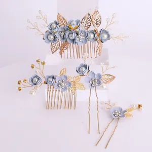 Blue Fabric Flower Hair Comb And Hair Pin Set Rhinestone Faux Artificial Pearl Gold Alloy Leaf Wedding Party Accessories For Women