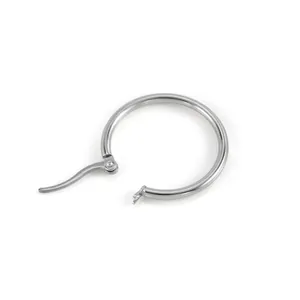 Macro detail of silver stainless steel leverback earring showing the hinge and closure mechanism