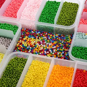 Dettaglio di un set di perline di vetro da 2mm in una custodia con 5 scomparti separati