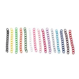Macro view of fifteen colorful lacquered metal extension chains in various bright shades