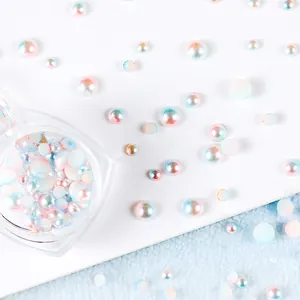 Pastel aurora mermaid semi-round resin pearls and heart storage box for DIY crafts