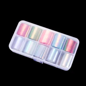 Vista detallada de 10 rollos de papel holográfico aurora para uñas en caja de almacenaje