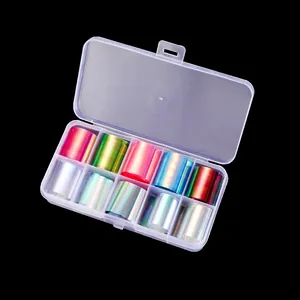 Set de 10 rollos de papel aurora para uñas con pegatinas láser holográficas en caja transparente