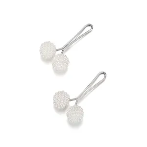 Detailed view of silver U-shaped scarf clips with white micro-beaded pearl spheres