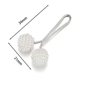 Elegant silver metal clothing clip with dual faux pearl spheres in a minimalist 34mm design