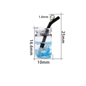 Pendentif mini bouteille en verre avec motif floral et détails de dimensions précises