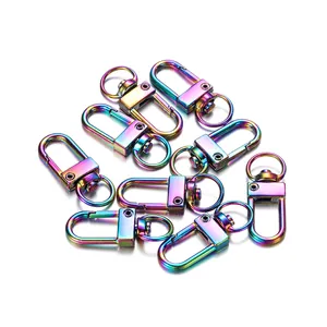 Detailansicht von zehn regenbogenfarbenen Karabinerhaken für DIY-Schlüsselanhänger und Taschen