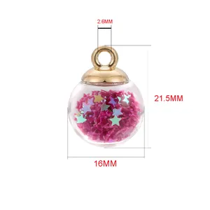 Clear 16mm glass ball pendant with pink stars and dimensions 16x21.5mm