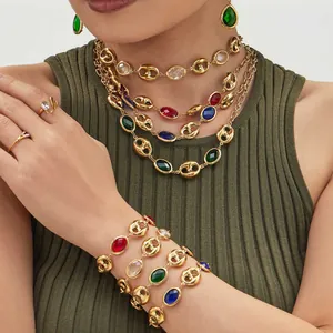 Luxury 18k gold plated stainless steel jewelry set with colorful glass stones