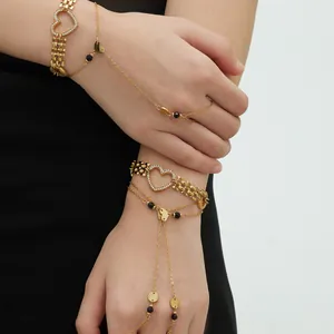 Gold 18k plated stainless steel heart hand chain set with zircon and black beads