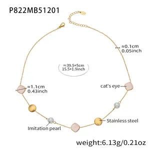 Detailed view of gold stainless steel necklace with pink opal and pearls, dimensions shown