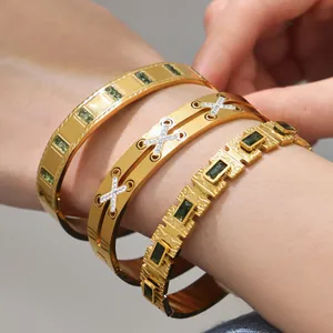 18k gold plated stainless steel bracelet set with green gemstones and zircon accents