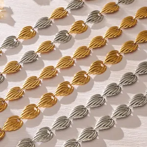 Dual-tone stainless steel heart chain necklace in gold and silver with ribbed texture