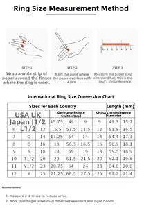 Ring size guide with international conversion chart and finger measuring instructions