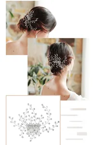Detailed view of bridal hair comb with pearls, sparkling rhinestones and silver tassels