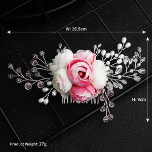 Detail showing dimensions of bridal flower hair comb with pearls and crystals