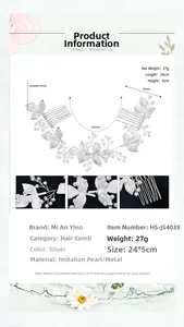 Detailed size view of silver bridal hair comb with pearls and leaf accents 24cm
