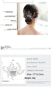 Detailed dimensions of handmade bridal hair comb with rhinestones and pearls
