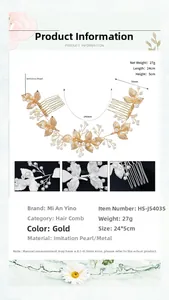 Macro detail of bridal hair comb featuring golden alloy leaves and white imitation pearls
