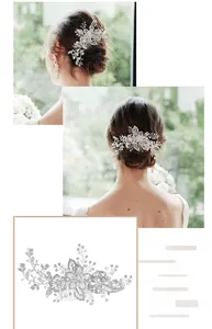 Detail of silver bridal hair comb with pearls and rhinestones on hair buns