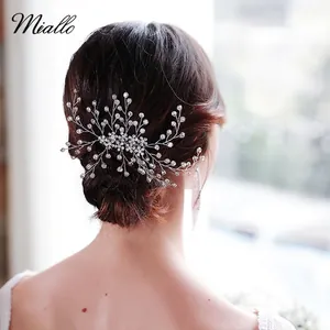 Rhinestone Bridal Hair Comb With Imitation Artificial Pearl Floral Branch Handmade Silver Alloy Headpiece For Wedding Party Women Jewelry