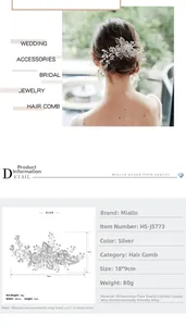 Detailed size chart and silver crystal flower bridal hair comb worn by a model